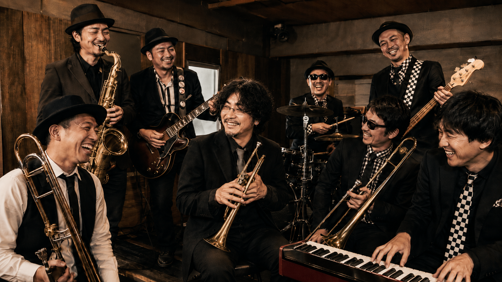 スタジオでホーンやギターを手に笑うAlley of Lilyのバンド