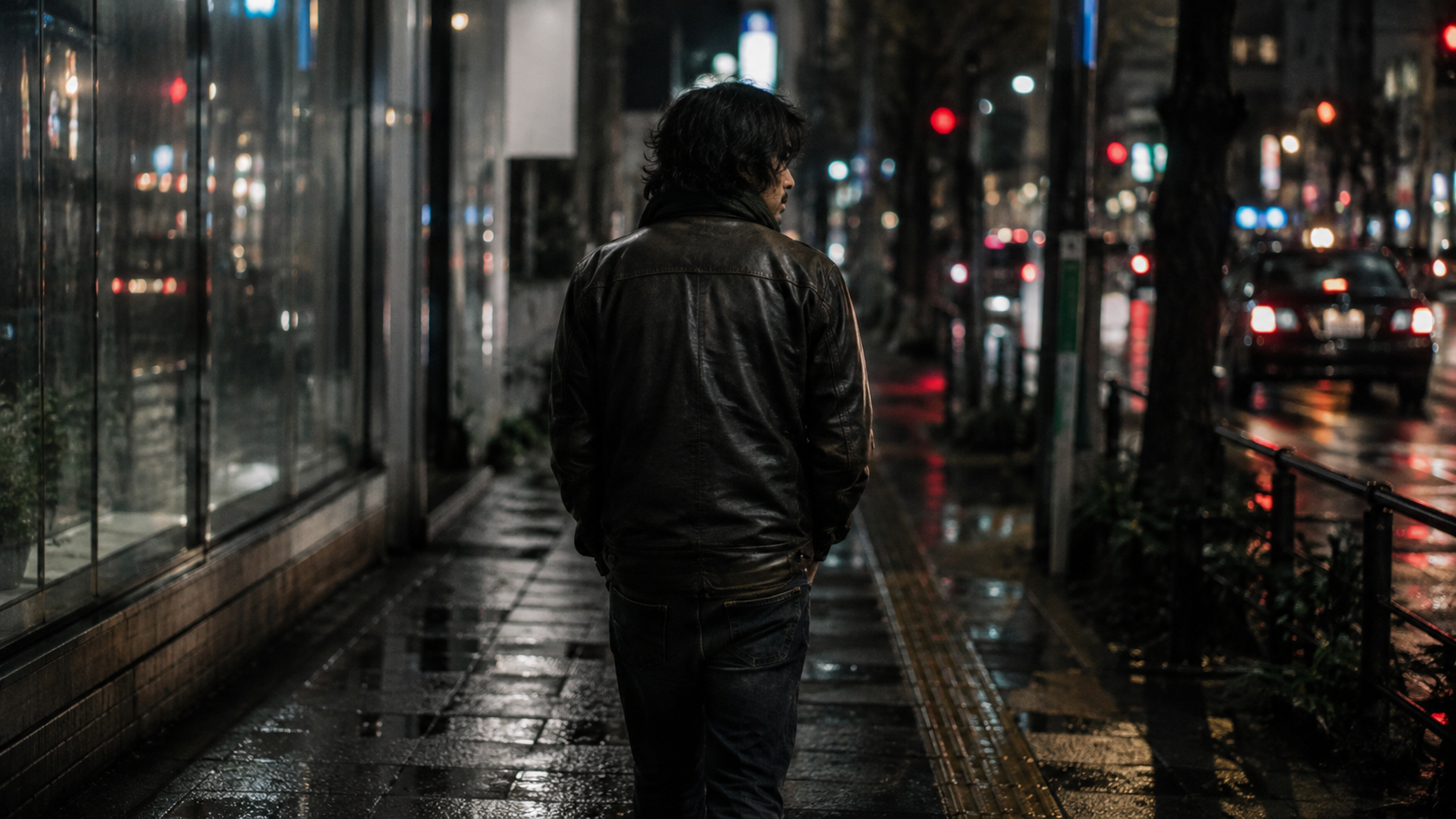 夜の雨の街角に立つ後ろ姿。ネオンの灯りが水たまりに滲む