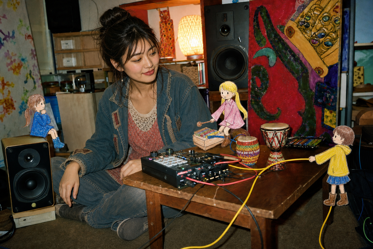 QuinkAとBlue、Pink、Yellowが小さな音楽機材を囲んで遊ぶ制作風景
